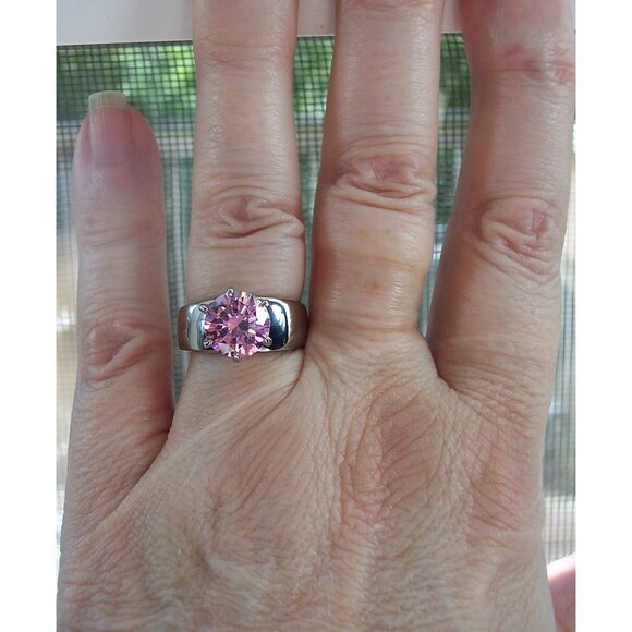 STAINLESS STEEL Simulated Pink Sapphire Solitaire Band Ring - Picture 10 of 16
